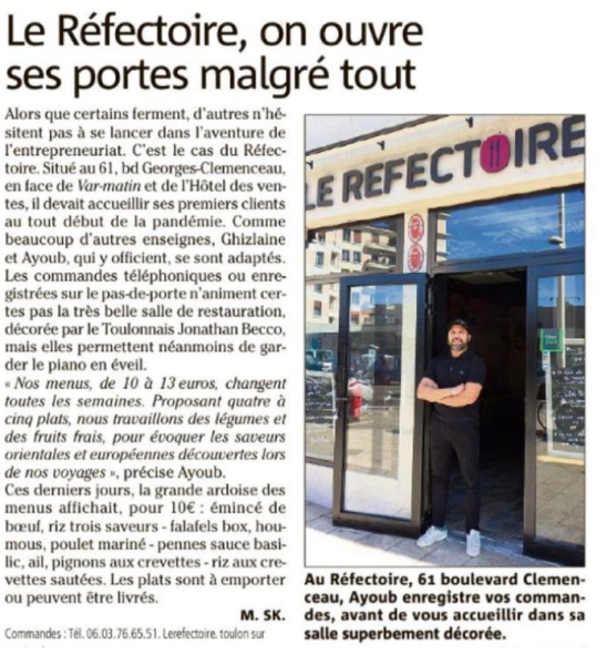 Var Matin parle du Réfectoire, voisins de votre serrurier Point Fort FICHET à TOULON